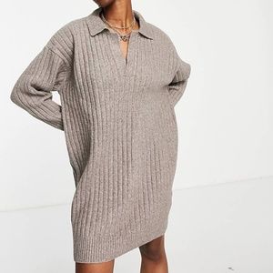 Weekday Husky V Neck Chunky Ribbed Knit Sweater Dress in Oat Brown